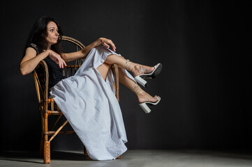 Full length body size photo of excited, fun, crazy, wonderful emotional pretty lady, having great mood isolated on dark background