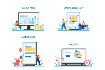 Travel agent online service or platform set. Tourism specialist selling tour