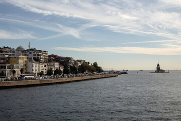 Fototapeta premium View of historical landmark called Maiden Tower and Uskudar area on Asian side of Istanbul. It is a sunny summer day. Beautiful scene.