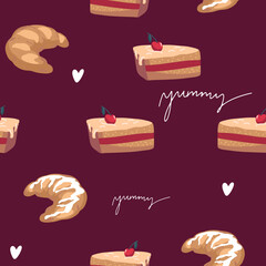 Seamless pattern with tasty fresh crunchy croissants, breadcrumbs. Background for design menu cafe, bistro, restaurant, label and packaging.