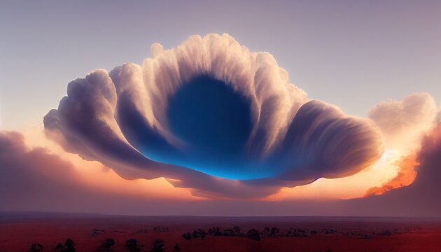 This is a 3D illustration of morning glory clouds in australia, a rare cloud formation.