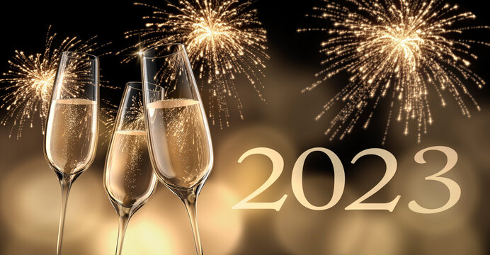 2023 - New year composition with champagne glasses and fireworks - 3D illustration