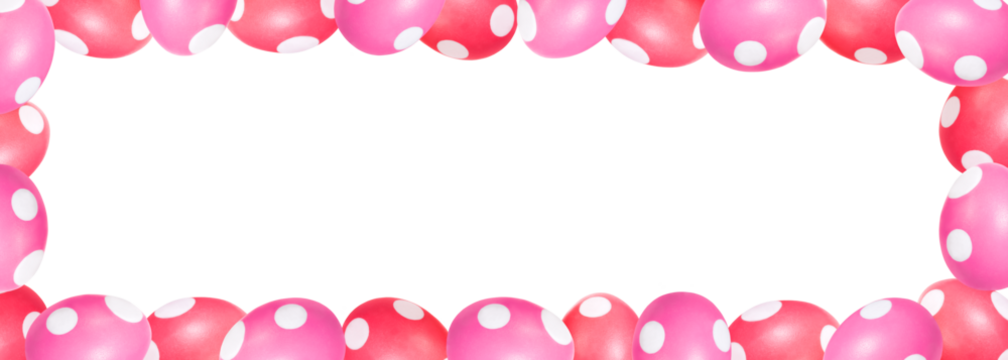 Lots of red and pink easter eggs with white dots, frame with copyspace, panorama