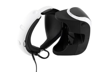 Virtual reality helmet on a white background. VR helmet close-up on a white background.