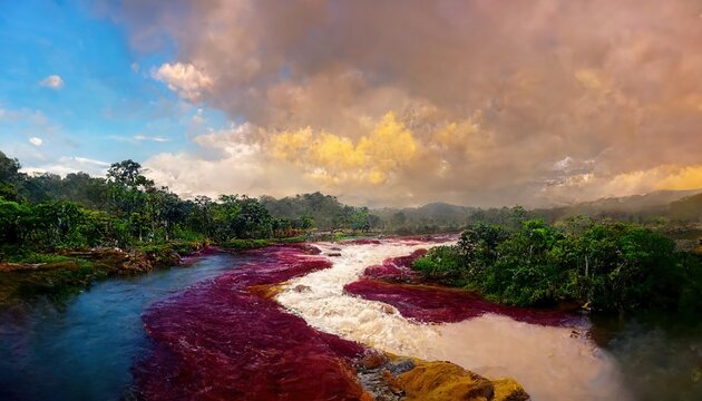 This Is A 3D Illustration Of The River Of Five Colours In Colombia, The Cano Cristales River.