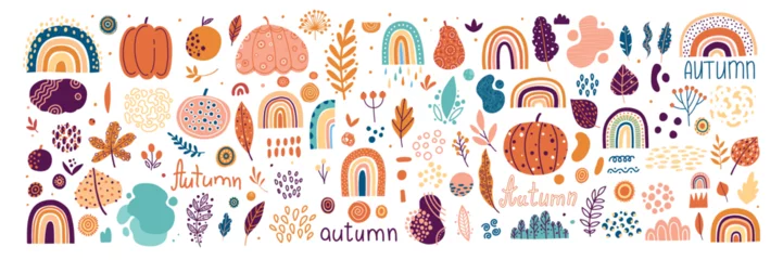Fototapeten Vector collection with autumn symbols and elements. Autumn pumpkins and Rainbows © lupascoroman