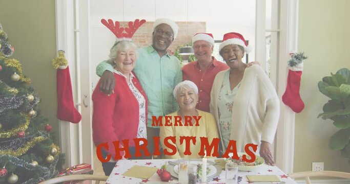 Animation of merry christmas text over senior diverse friends smiling