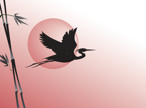 A flying heron bird (stork, crane) and a cane against a red sky and the sun at sunrise or sunset. Silhouette vector drawing.