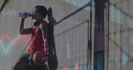 Animation of data processing over african american man drinking water - Powered by Adobe