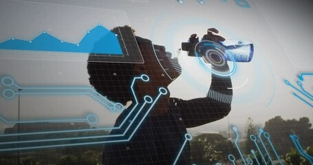 Animation of data processing over african american man drinking water - Powered by Adobe