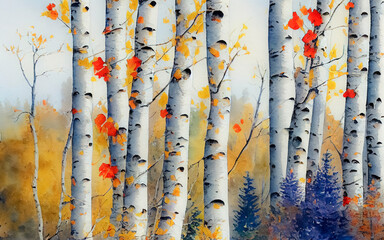 Abstract illustration of forest with birch and aspen trees, watercolor brush. Bright autumn colors. 3d illustration - 531765593
