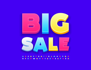 Vector colorful poster Big Sale. Bright 3D Font. Artistic Alphabet Letters and Numbers set