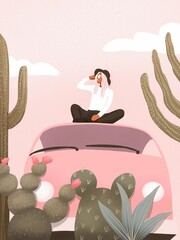 Van life woman or girl sitting on van roof © Bellollage