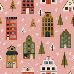 Fototapeta premium Merry Christmas and Happy New Year seamless pattern with various tiny houses. Modern hand draw illustrations. Colorful contemporary art