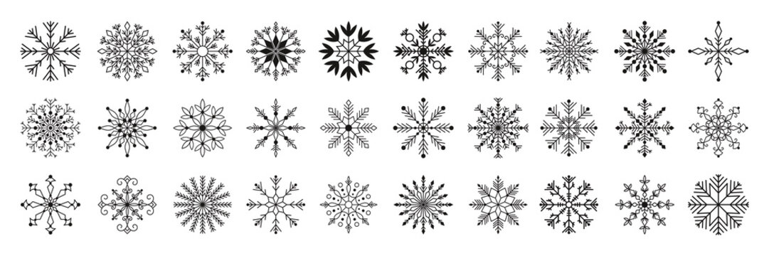 Hand drawn set of Christmas line art snowflake. New Year white ice crystal illustration. Abstract doodle drawing Winter symbol. Christmas logo sign
