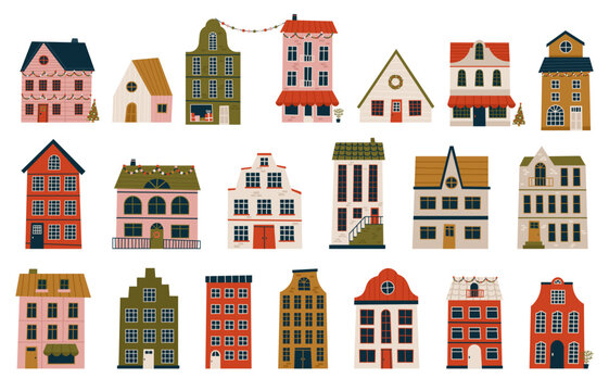 Merry Christmas and Happy New Year Set of various tiny houses. Modern hand draw illustrations. Colorful contemporary art