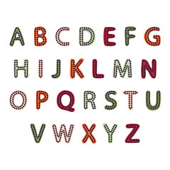 Funny childlike english colored alphabet letters decorated with black dots. Use it for kids, baby or holiday events.