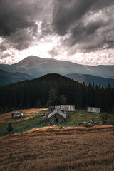An old, abandoned farmhouse in a mountain meadow above the Carpathians. Beautiful walking landscape in Ukraine. autumn time. High quality photo