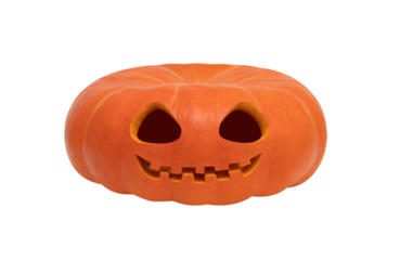 Halloween pumpkin Jack o Lantern head isolated on transparent background. Funny carved Halloween pumpkin.