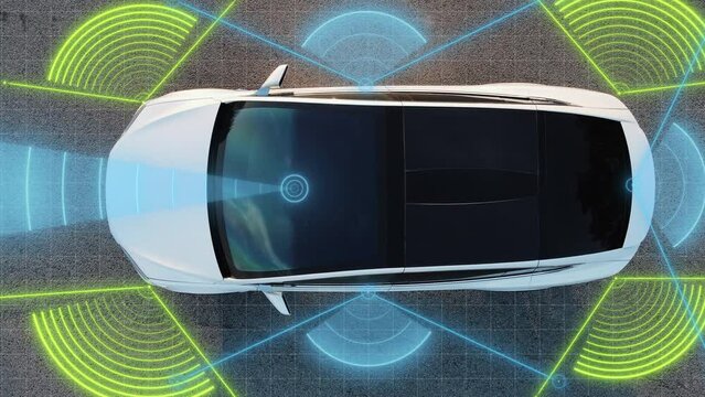 Self Driving Autopilot Car Technologies, Radar, 360, Sensor, Cameras, Laser. Artificial Intelligence Digitalizes and Analyzes Road. Sensor Scanning Road Ahead for Vehicles, Danger, Speed Limits