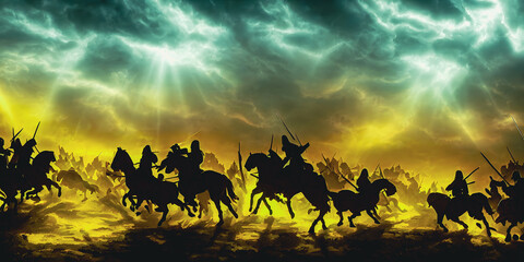 Fototapeta na wymiar Artistic concept painting of a medieval battle, infantry, background 3d illustration.
