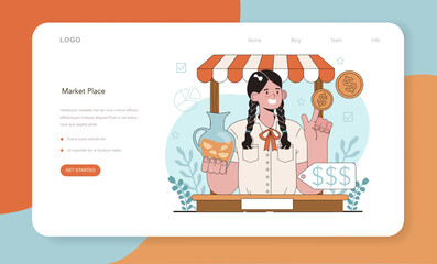 Economy school subject web banner or landing page. Student studying