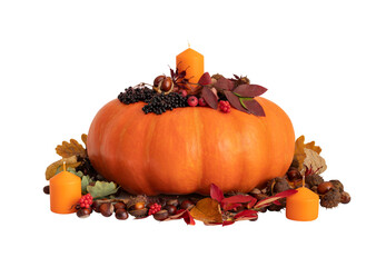 Festive pumpkin decoration isolated on a transparent background. Pumpkin with candles, dry leaves,...