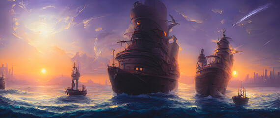 Fototapeta na wymiar Artistic concept painting of ship on the sea, background 3d illustration.