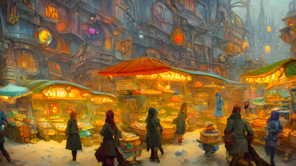 Obraz na płótnie Canvas Artistic concept painting of a scary marketplace, background 3d illustration.