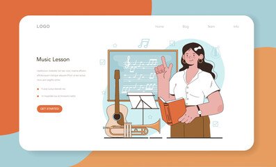 Music school or course web banner or landing page. Students learn