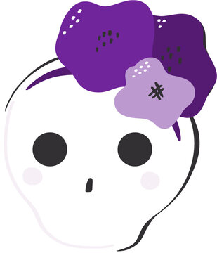 Skull chic girl Halloween clipart with purple flowers. Isolated image of cute skeleton face for October 31 or Day of the Dead.