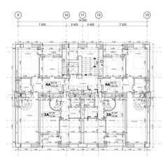 Multistory building detailed architectural technical drawing, vector blueprint floorplan layout