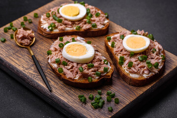 Delicious healthy sandwich with tuna, croutons, boiled egg, herbs and butter