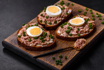 Delicious healthy sandwich with tuna, croutons, boiled egg, herbs and butter