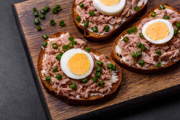 Delicious healthy sandwich with tuna, croutons, boiled egg, herbs and butter