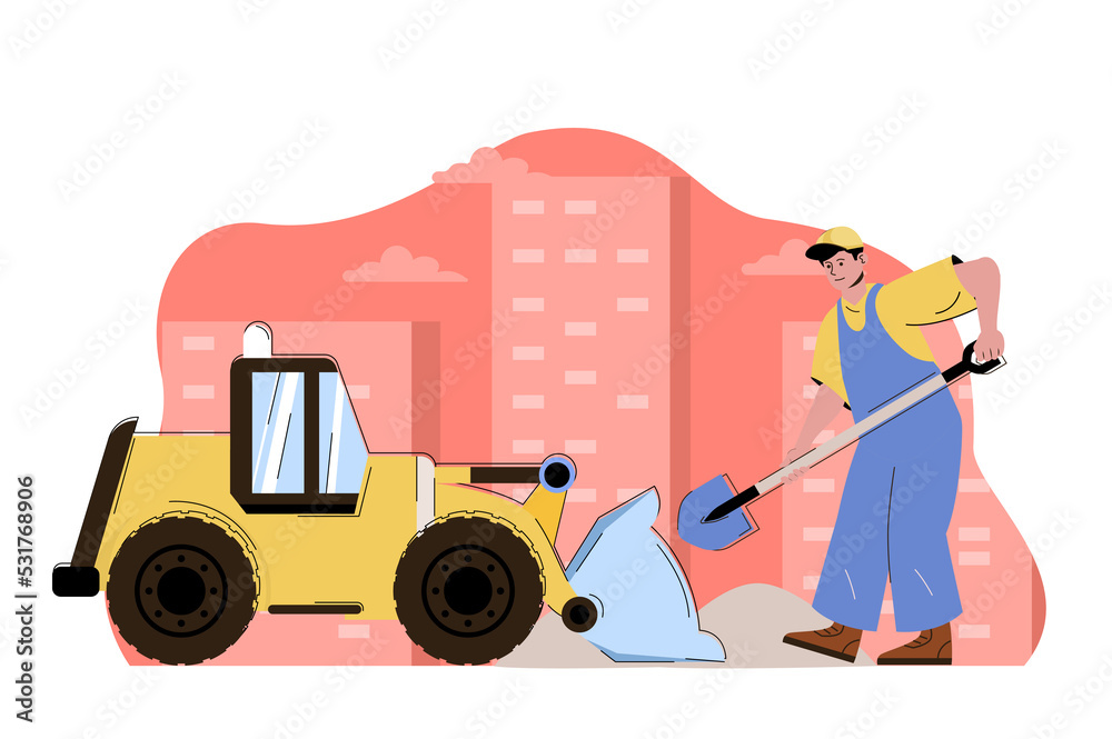 Poster Construction engineering concept. Builder with shovel working with bulldozer machinery situation. Building people scene. Illustration with flat character design for website and mobile site