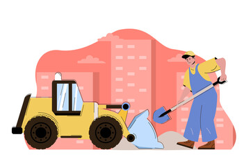 Construction engineering concept. Builder with shovel working with bulldozer machinery situation. Building people scene. Illustration with flat character design for website and mobile site © alexdndz