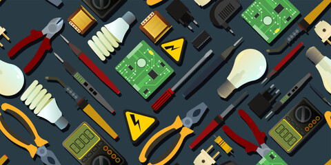 Tools for electrician. Repair of radio electronic and microprocessor equipment. Spare parts components and service. Seamless pattern. Vector
