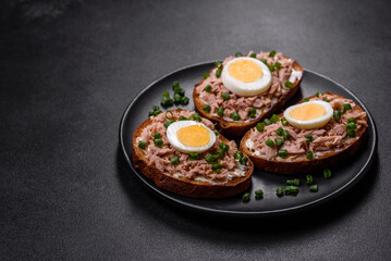 Delicious healthy sandwich with tuna, croutons, boiled egg, herbs and butter