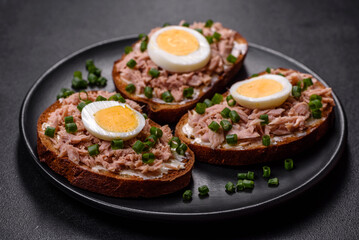 Delicious healthy sandwich with tuna, croutons, boiled egg, herbs and butter