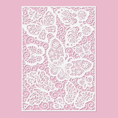 Template for laser cutting of paper, cardboard, wood, metal. Lace panel with butterflies. For the design of postcards, decorative interior elements, stencils, scrapbooking and so on. Vector