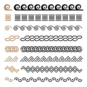 Greek motives vector symbols borders, frames set. Greek key elements collection