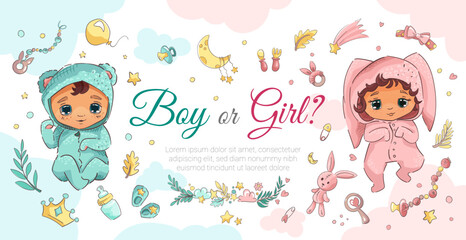 Boy or Girl banner for baby shower party. Gender reveal template with cartoon cute newborns, toys, stars, moon, rattle, teething toy. Vector cartoon illustration for invitation