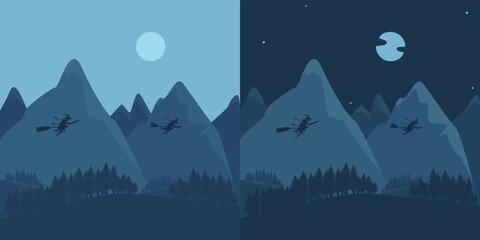 Fototapeta premium Witches Fly to Halloween Over Mountains and Forests, Day and Night