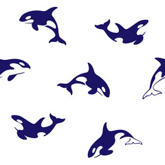 Simple seamless trendy animal pattern with orca. Vector illustration of killer whale.