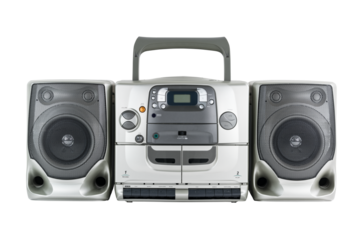 Vintage boom box style portable stereo radio, cd, cassette tape player and recorder isolated.