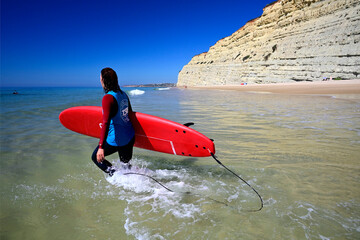 Porto de Mos beach, Lagos, Faro district, Algarve, Portugal, Europe, Atlantic Ocean , young female...