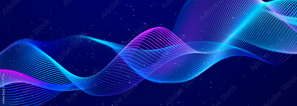 Poster Technology background. Data stream. Movement of luminous lines on dark background. 3d