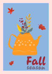 Teapot with a bouquet of flowers. Falling leaves. Autumn vibe.