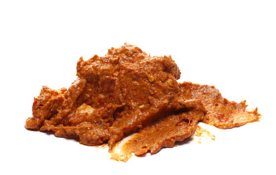 Spicy salad (Urnebes), cream cheese, paprika powder, chopped garlic, crushed cayenne pepper, sunflower oil, smeared isolated on white